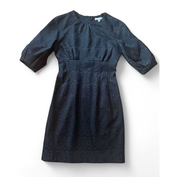 Eva Mendes Damask Black Career Cocktail Sheath Dress Size 4 Puffy Bubble Sleeve - Picture 1 of 10